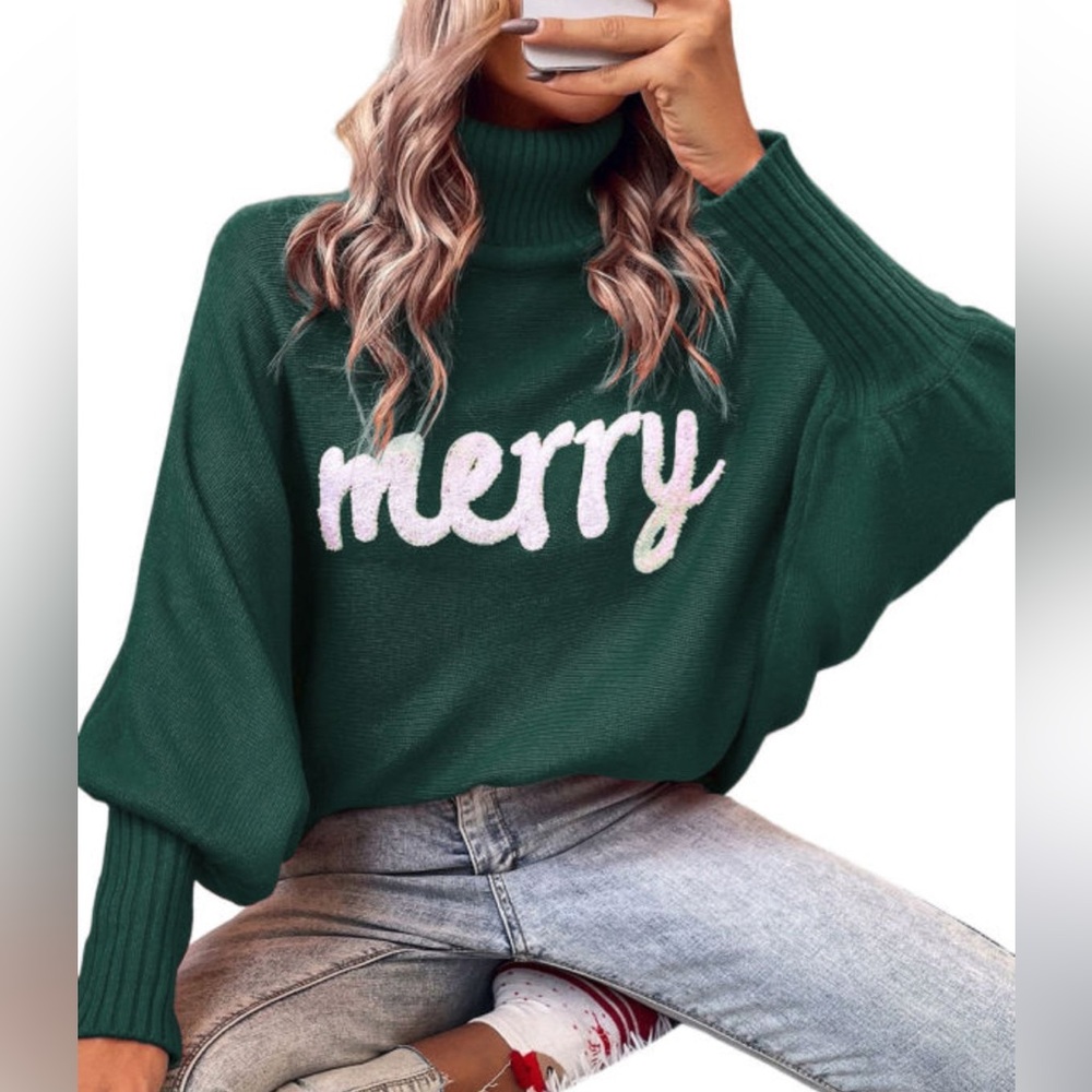 Green Turtleneck Sweater with Merry Design New with tags